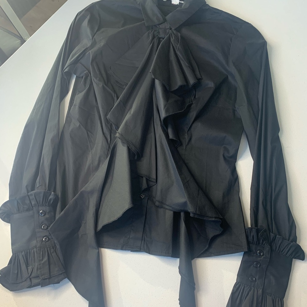 Black Detachable Ruffle Button Up Blouse